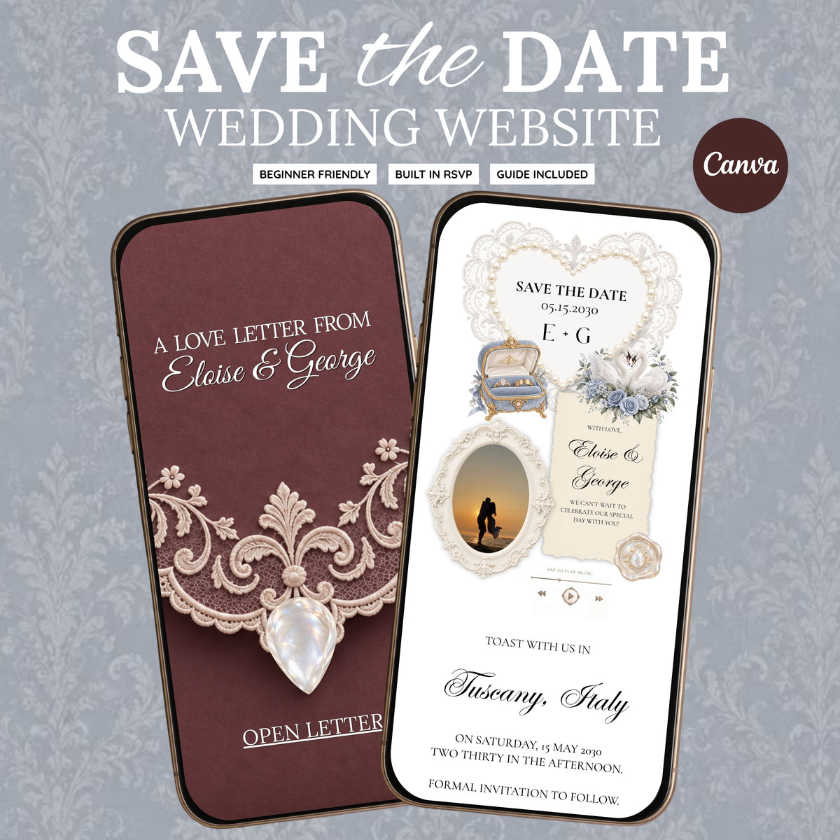 Burgundy and Dusty Blue Save the Date Wedding Website Template with Built-in RSVP