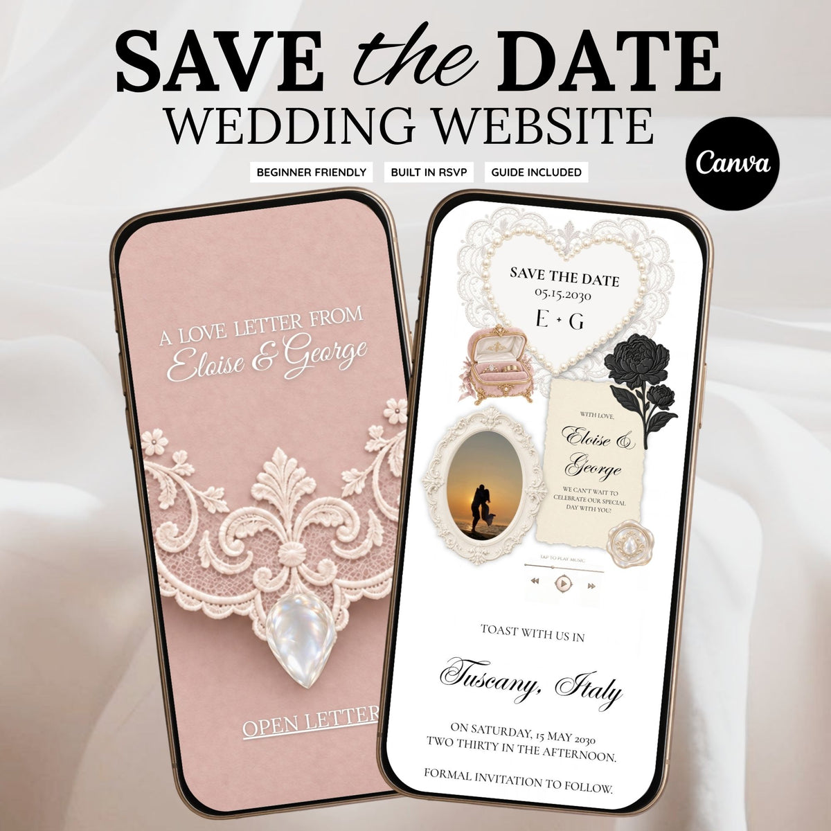 Black and Blush Pink Save the Date Wedding Website with Built-in RSVP Form | Canva Template