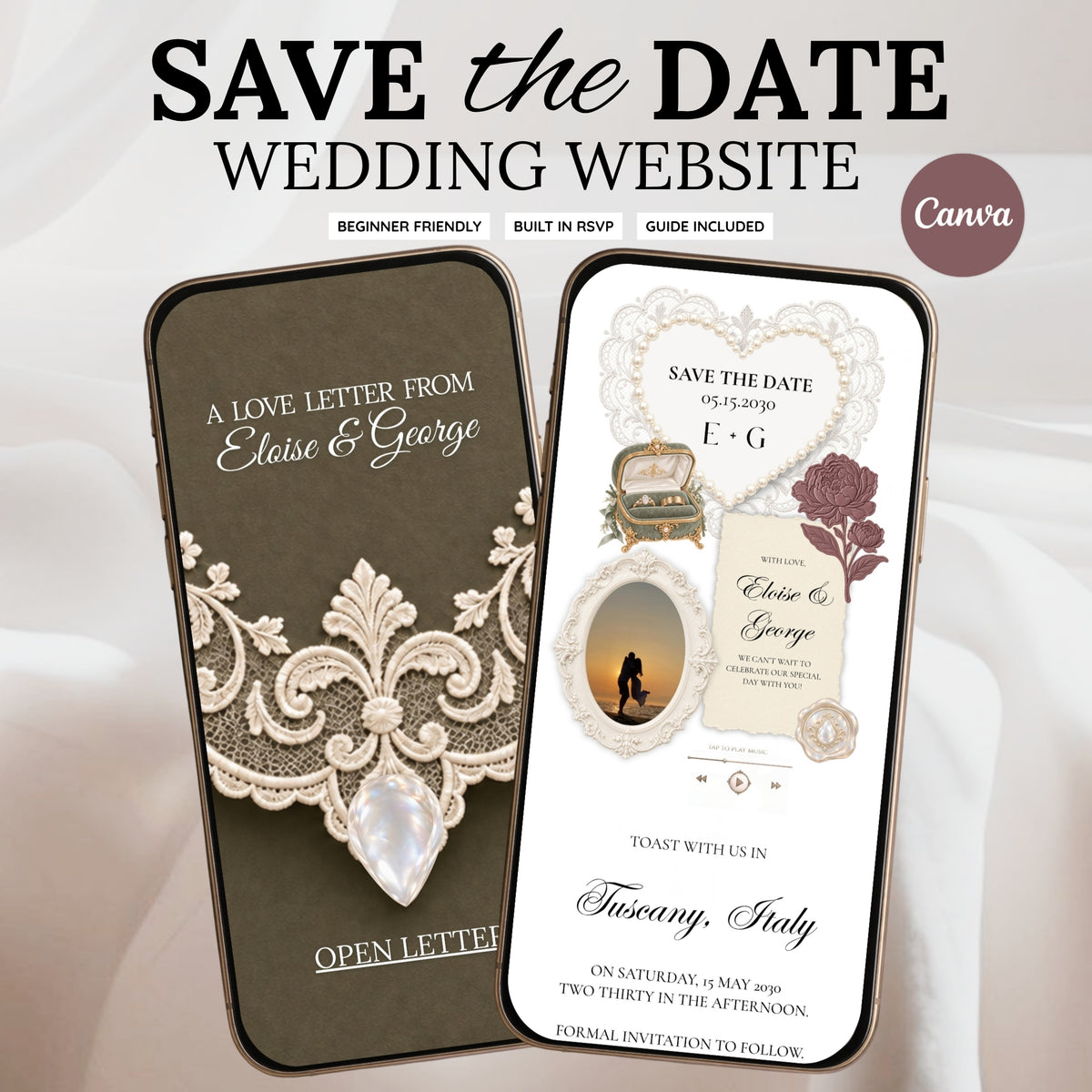 Mauve and Olive Save the Date Wedding Website Template with Built-in Form | Editable Canva Template