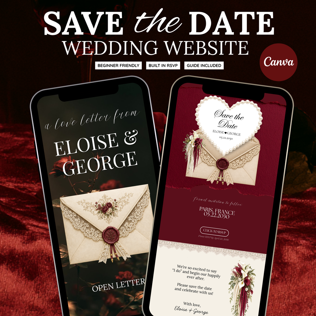 Burgundy Save the Date Wedding Website with Built-in RSVP Form