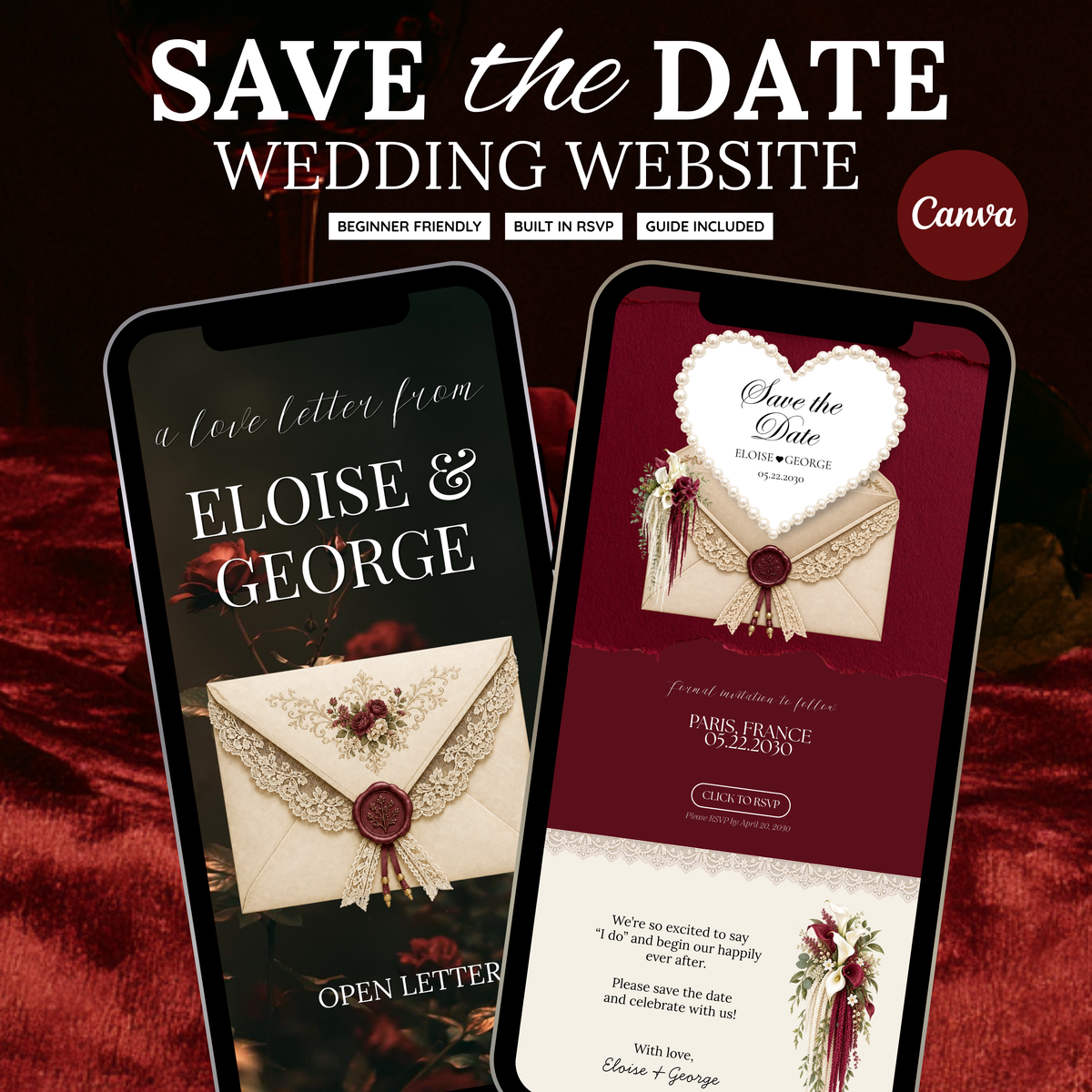 Burgundy Save the Date Wedding Website with Built-in RSVP Form