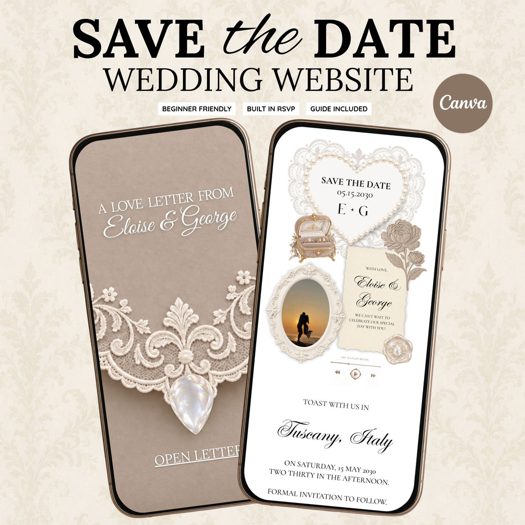 Soft Taupe and Ivory Wedding Save the Date Website Template with Built-in RSVP