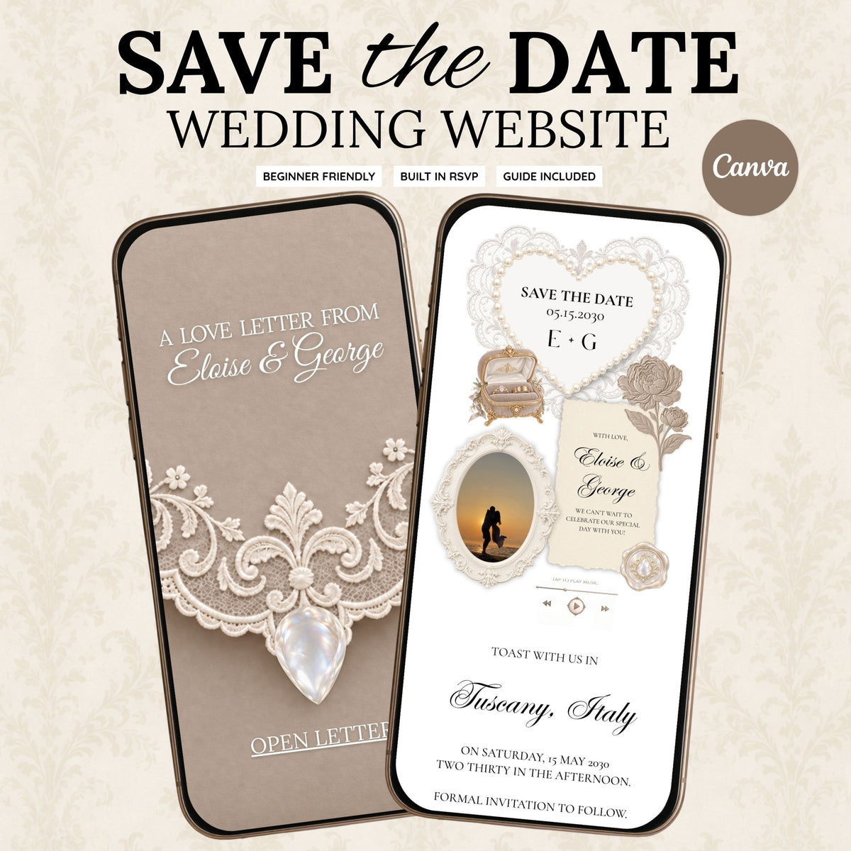 Soft Taupe and Ivory Wedding Save the Date Website Template with Built-in RSVP