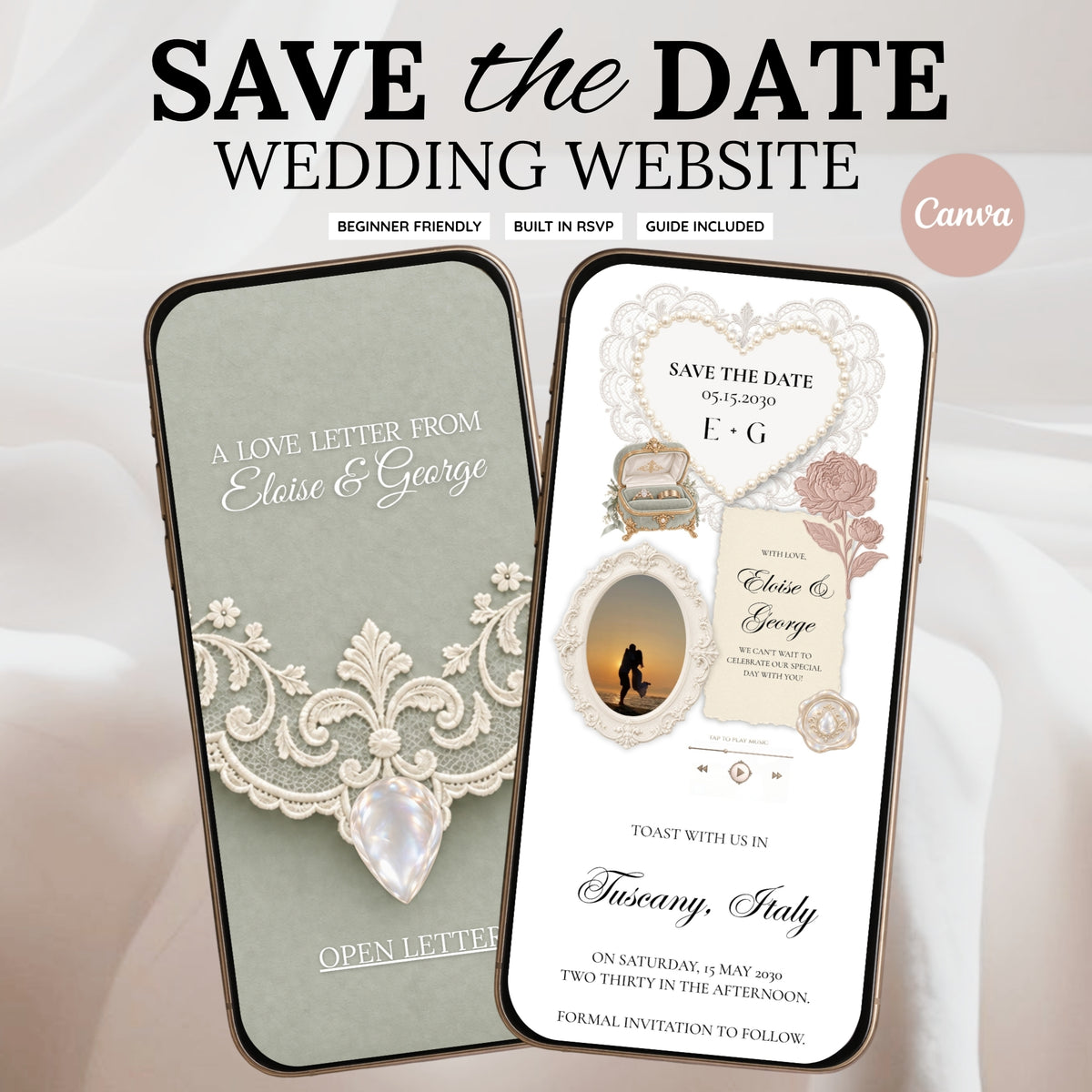 Dusty Rose and Sage Green Save the Date Wedding Website with Built-in RSVP Form