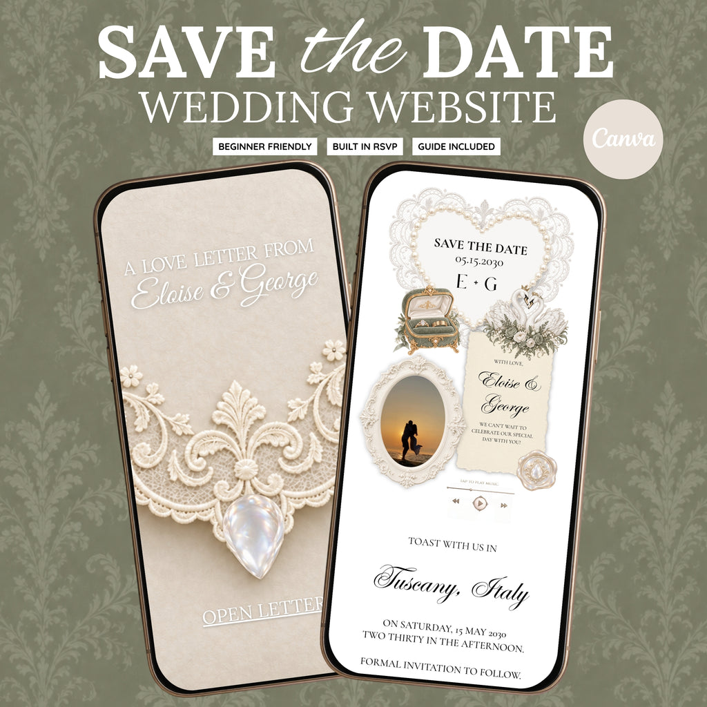 Sage Green and Ivory Wedding Save the Date Website Template with Built-in RSVP Form