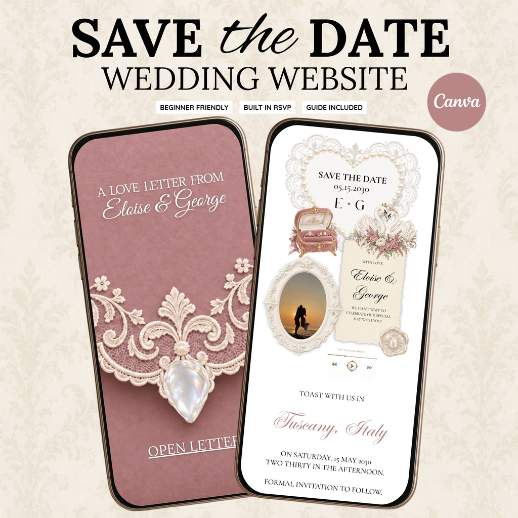 Dusty Rose and Ivory Wedding Save the Date Website Template with Built-in RSVP