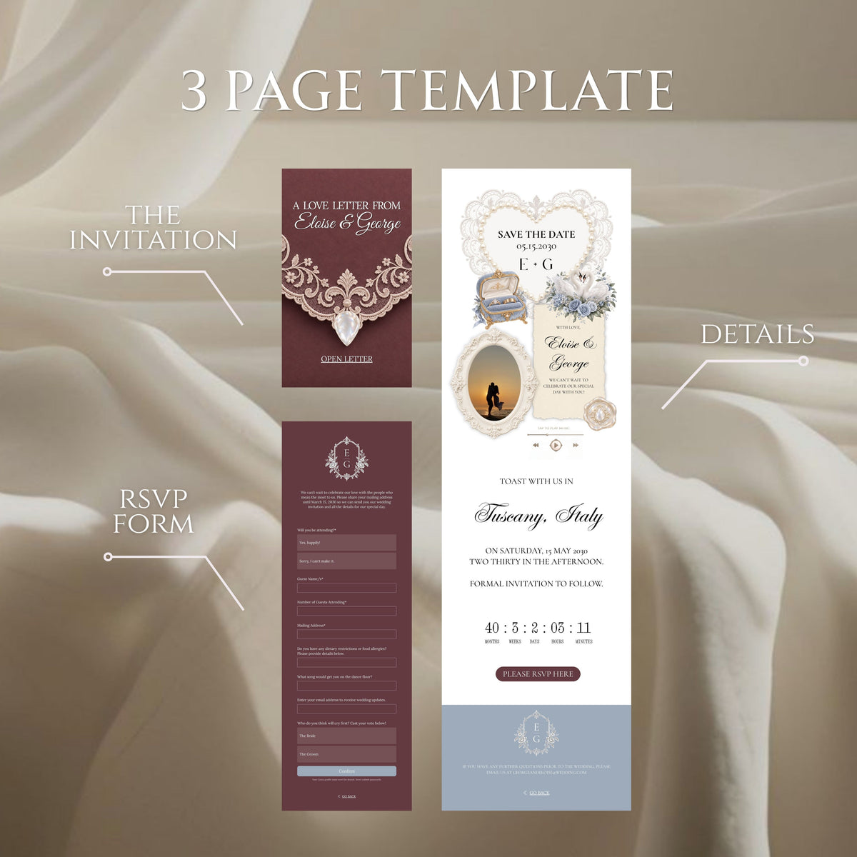 Burgundy and Dusty Blue Save the Date Wedding Website Template with Built-in RSVP