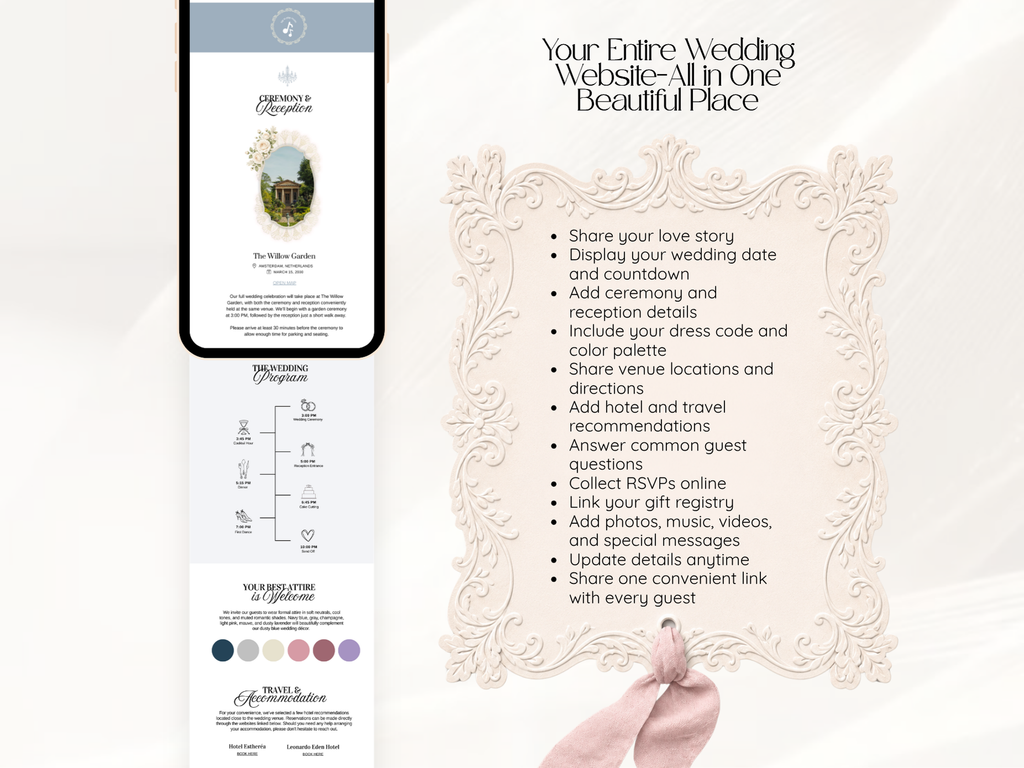 A wedding website design mockup displayed on a phone screen and page layout, with a decorative cream scroll and a hand pointing at text that reads, 'Your Entire Wedding Website-All in One Beautiful Place.'.