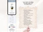 A wedding website design mockup displayed on a phone screen and page layout, with a decorative cream scroll and a hand pointing at text that reads, 'Your Entire Wedding Website-All in One Beautiful Place.'.