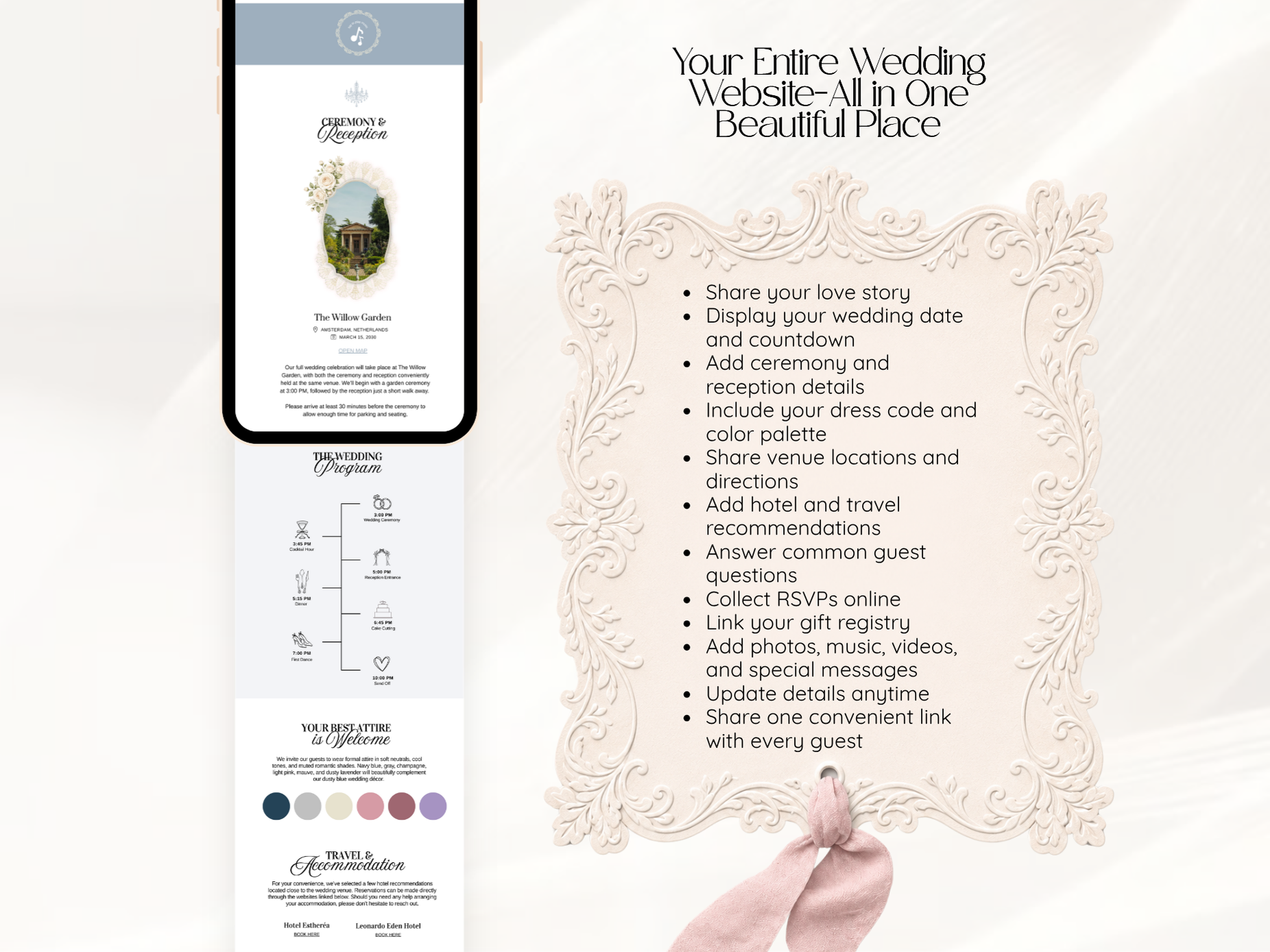 A wedding website design mockup displayed on a phone screen and page layout, with a decorative cream scroll and a hand pointing at text that reads, 'Your Entire Wedding Website-All in One Beautiful Place.'.