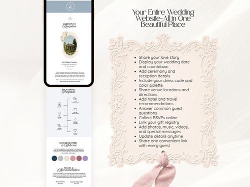 A wedding website design mockup displayed on a phone screen and page layout, with a decorative cream scroll and a hand pointing at text that reads, 'Your Entire Wedding Website-All in One Beautiful Place.'.