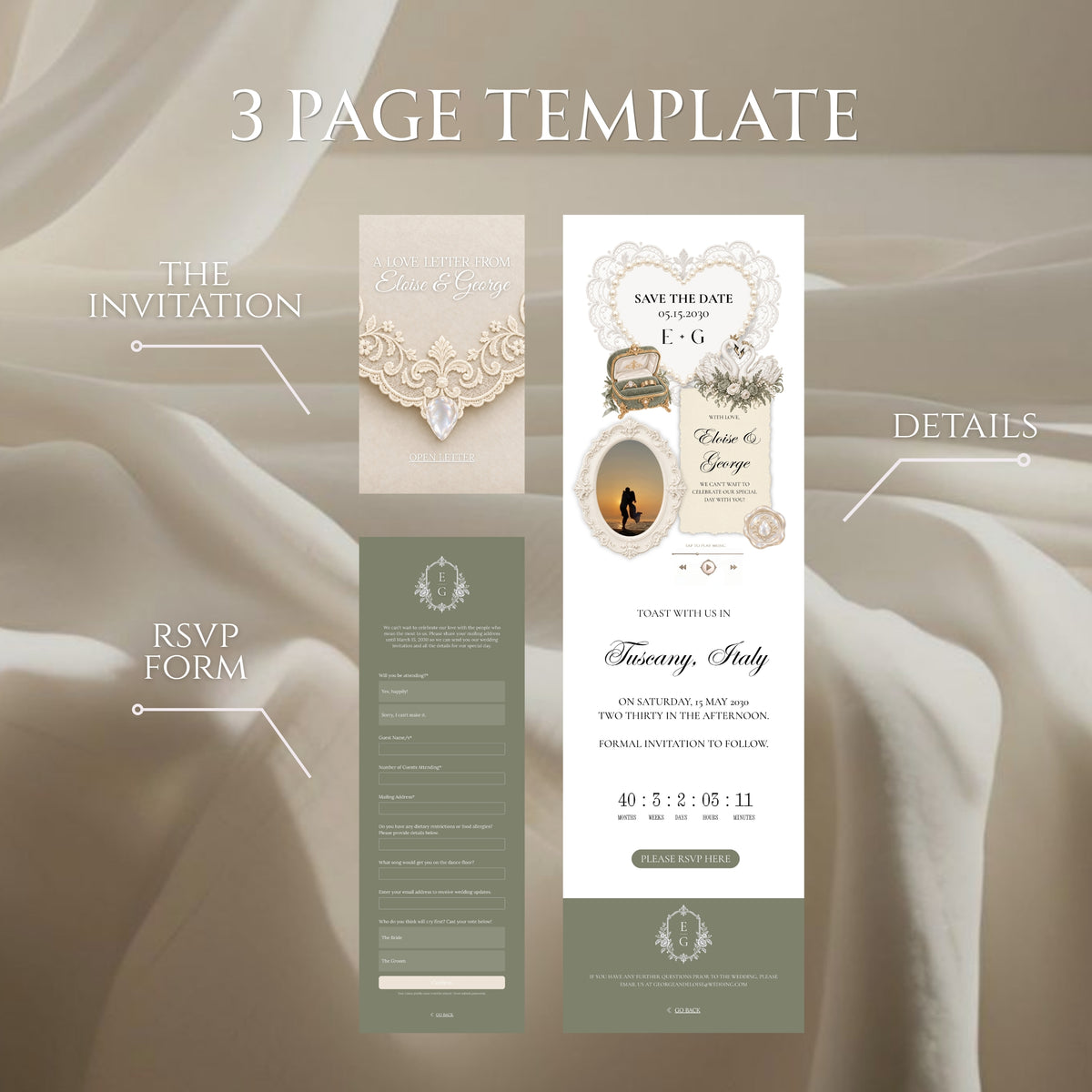 Sage Green and Ivory Wedding Save the Date Website Template with Built-in RSVP Form