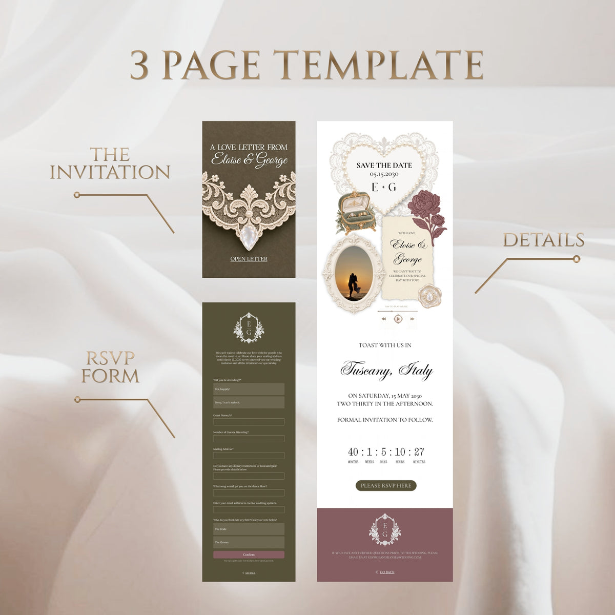 Mauve and Olive Save the Date Wedding Website Template with Built-in Form | Editable Canva Template