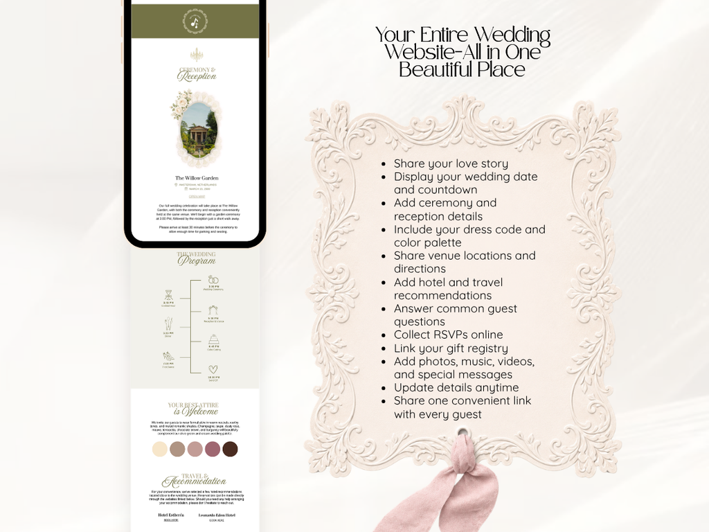 A wedding website design mockup layout on a cream background, showing a phone screen with a wedding page preview, a detailed timeline diagram, and a color palette section.