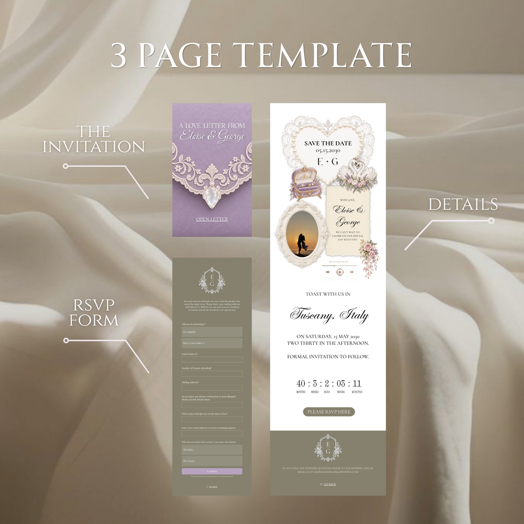 Purple and Olive Green Wedding Save the Date Canva Template with Built-in RSVP Form