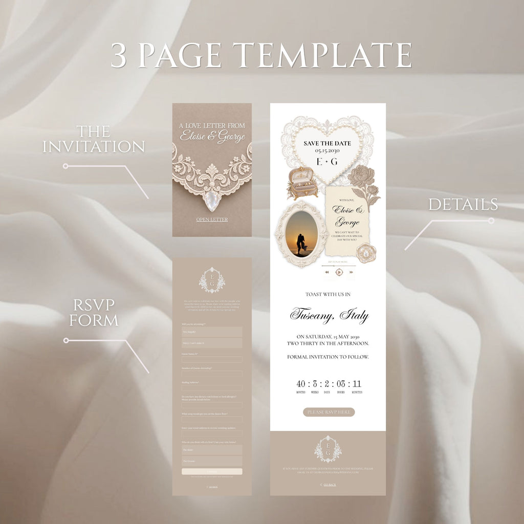Soft Taupe and Ivory Wedding Save the Date Website Template with Built-in RSVP