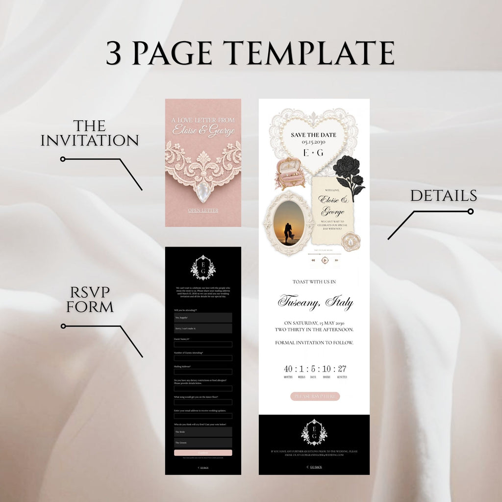 Black and Blush Pink Save the Date Wedding Website with Built-in RSVP Form | Canva Template
