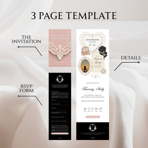 Black and Blush Pink Save the Date Wedding Website with Built-in RSVP Form | Canva Template