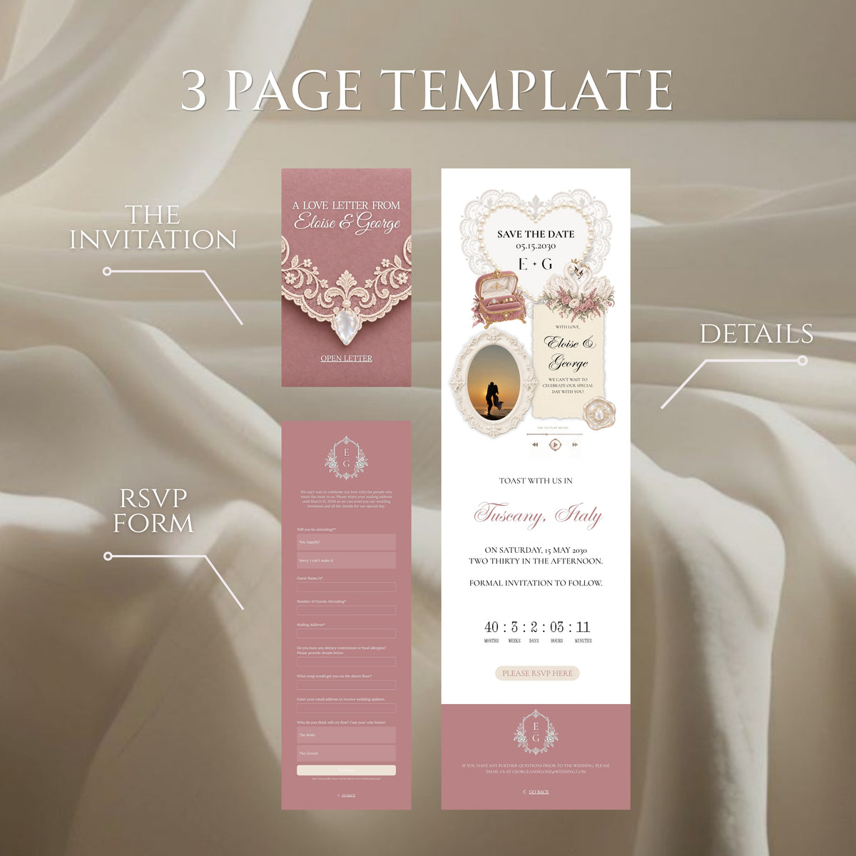 Dusty Rose and Ivory Wedding Save the Date Website Template with Built-in RSVP