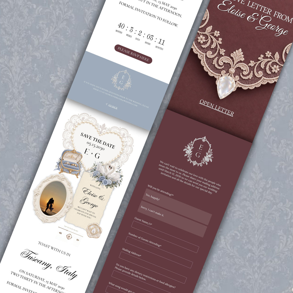 Burgundy and Dusty Blue Save the Date Wedding Website Template with Built-in RSVP