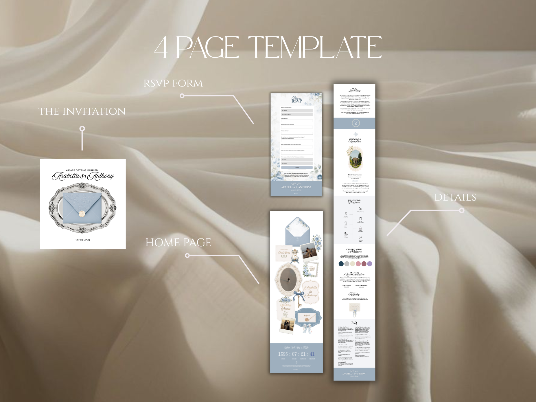A 4-page invitation template layout shown on a soft beige draped fabric background. The design includes labeled sections for the invitation, RSVP form, home page, and details, with a light blue and white color scheme and placeholder text.
