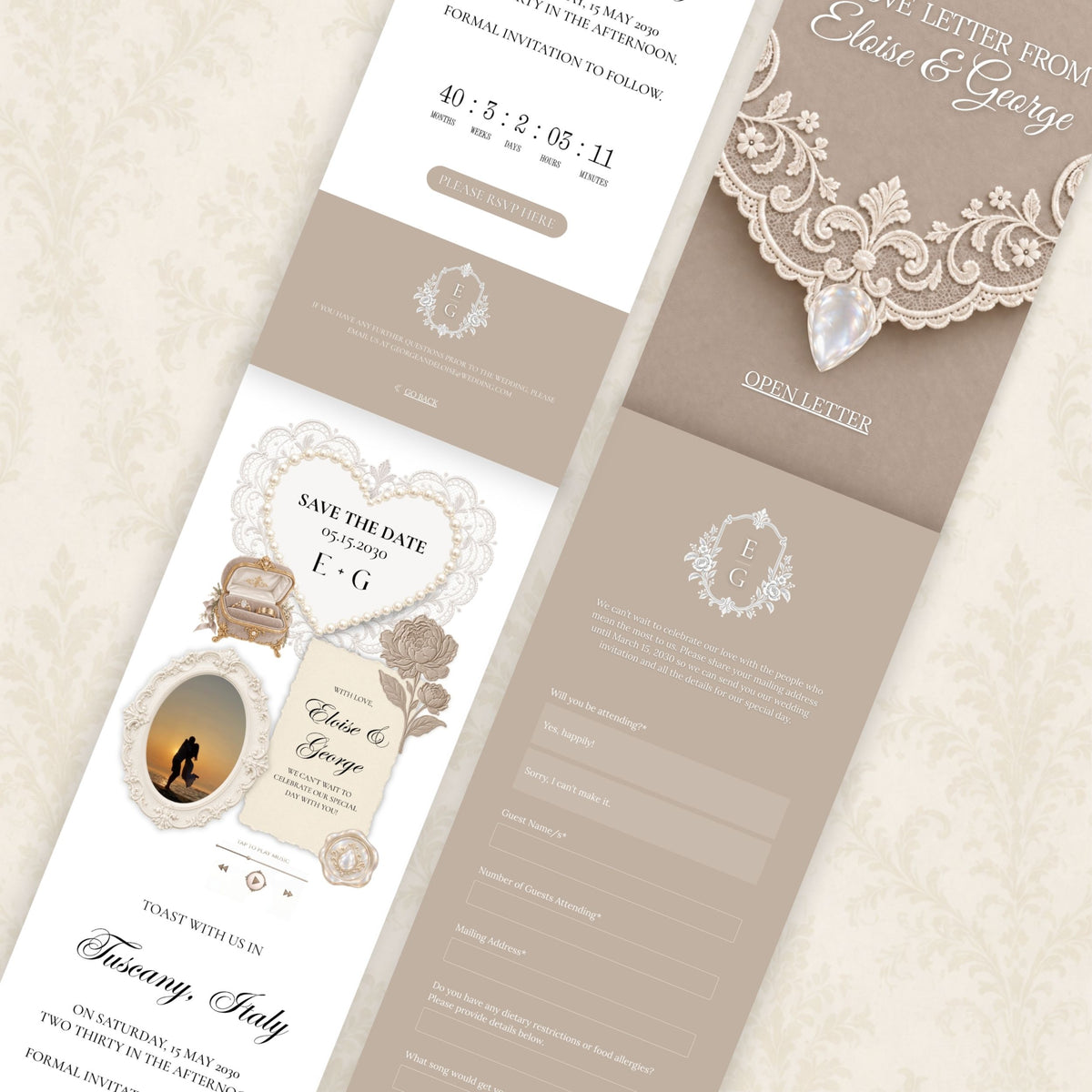 Soft Taupe and Ivory Wedding Save the Date Website Template with Built-in RSVP