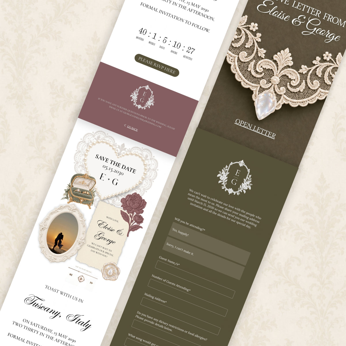 Mauve and Olive Save the Date Wedding Website Template with Built-in Form | Editable Canva Template