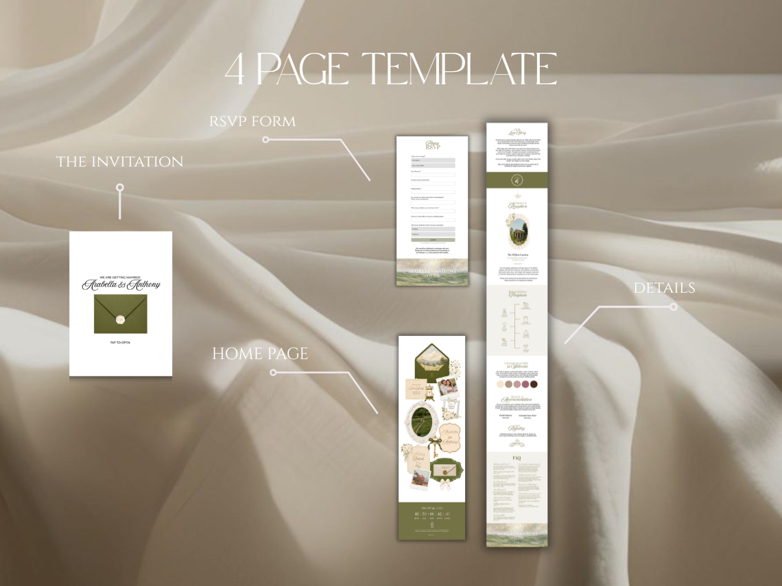 A 4-page wedding invitation template layout displayed on a soft beige draped fabric background. The design includes labeled sections for the invitation, RSVP form, home page, and details, with a white and muted olive green color scheme and elegant typography.