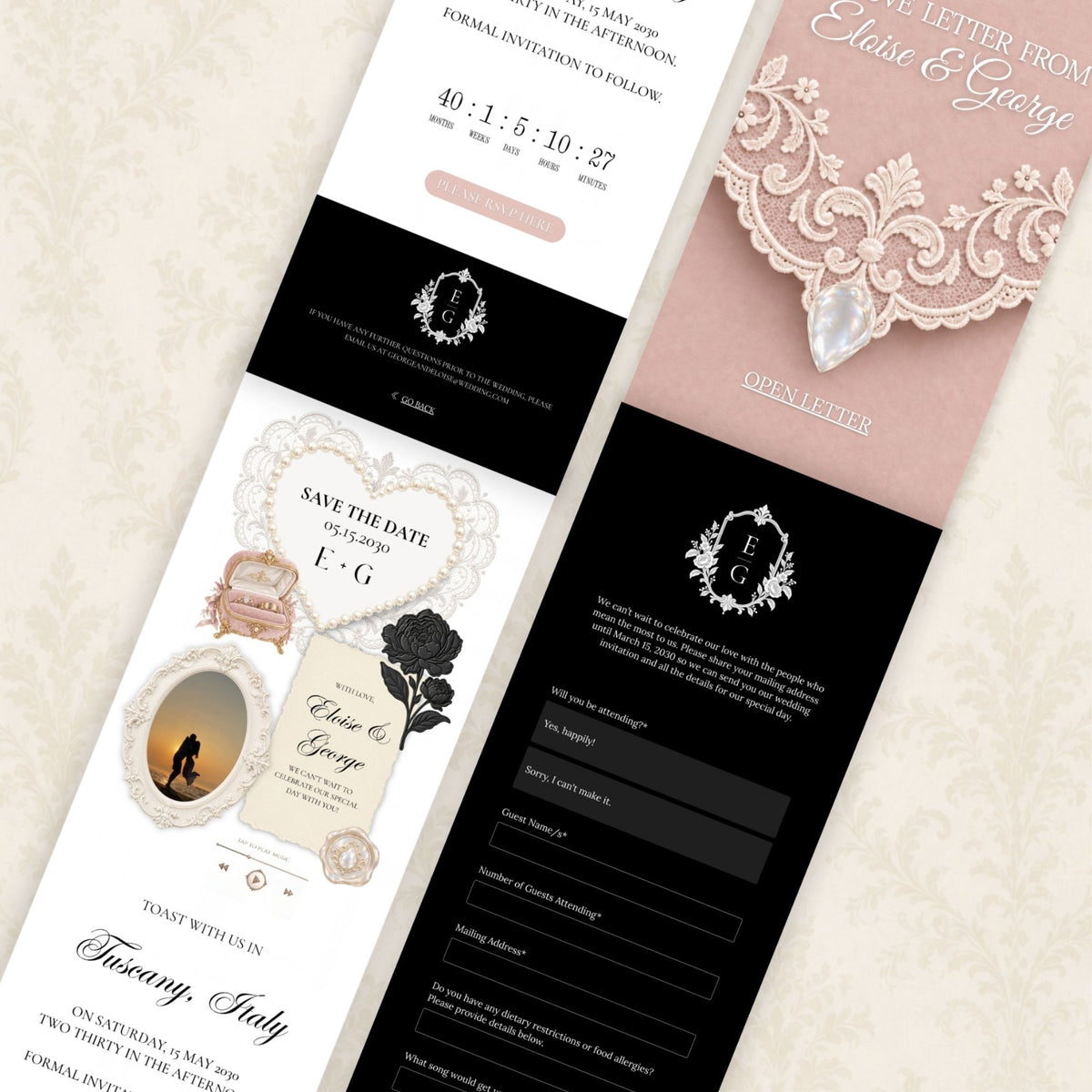 Black and Blush Pink Save the Date Wedding Website with Built-in RSVP Form | Canva Template