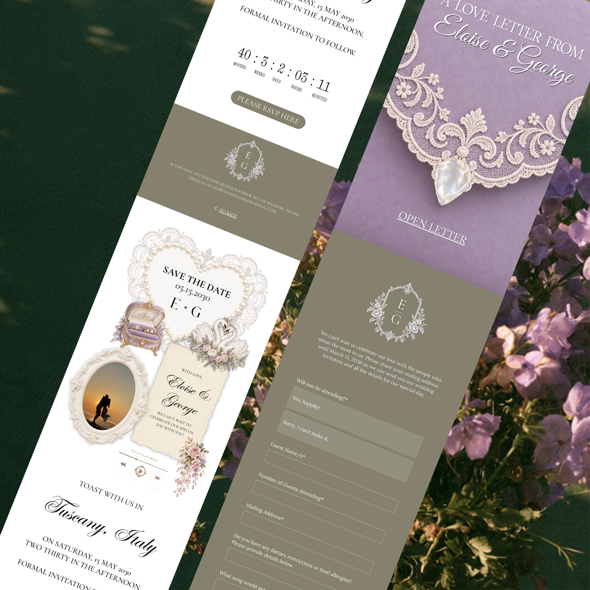 Purple and Olive Green Wedding Save the Date Canva Template with Built-in RSVP Form