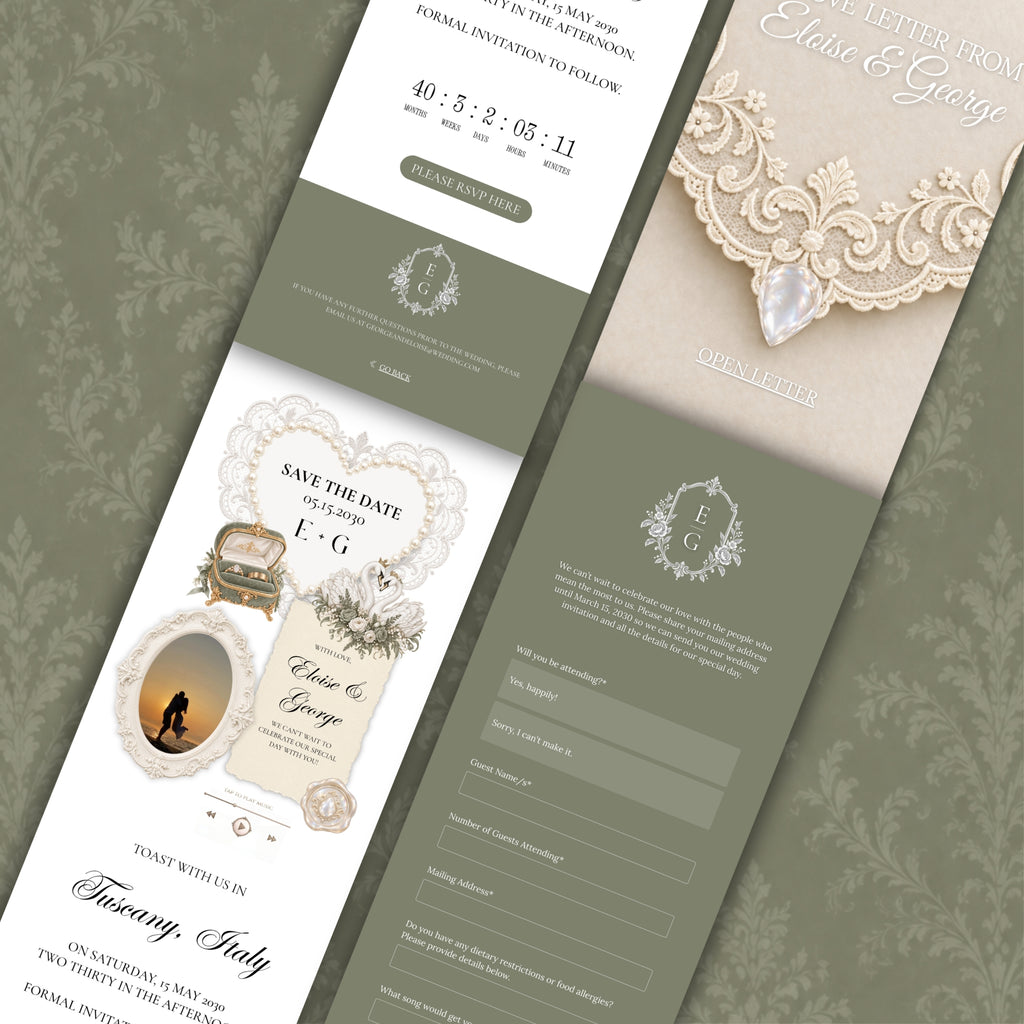 Sage Green and Ivory Wedding Save the Date Website Template with Built-in RSVP Form