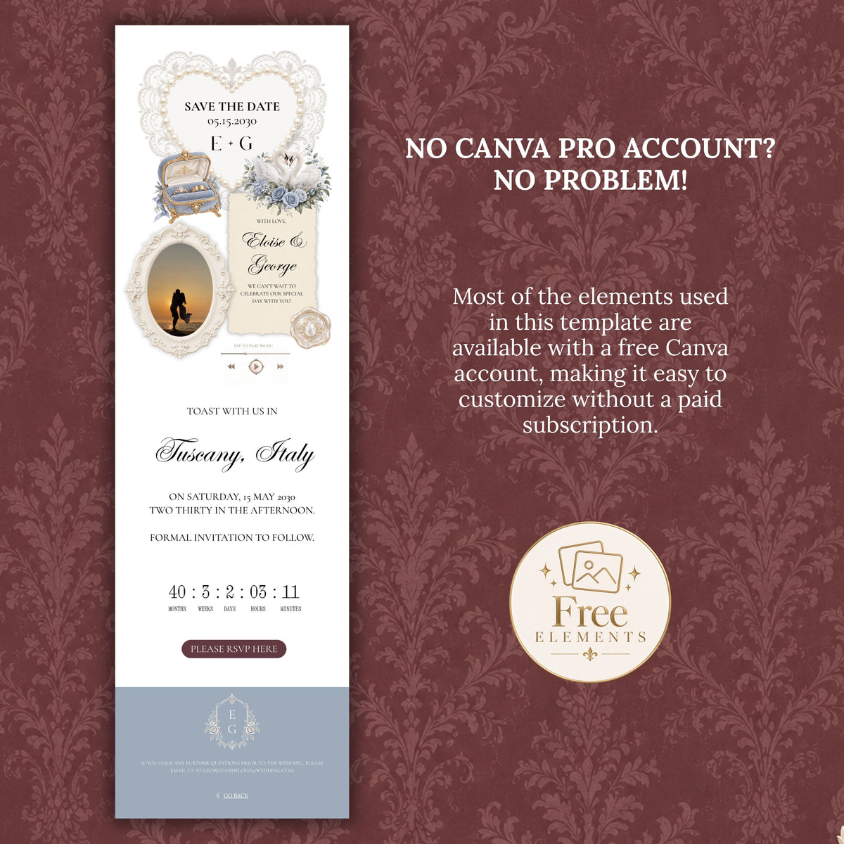 Burgundy and Dusty Blue Save the Date Wedding Website Template with Built-in RSVP