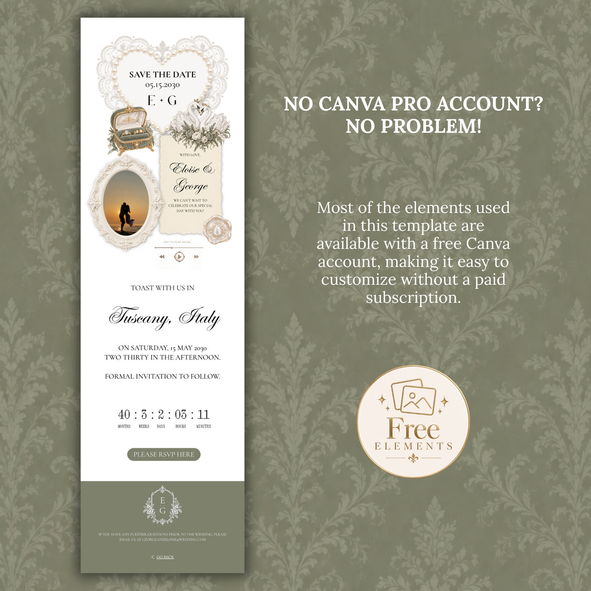 Sage Green and Ivory Wedding Save the Date Website Template with Built-in RSVP Form