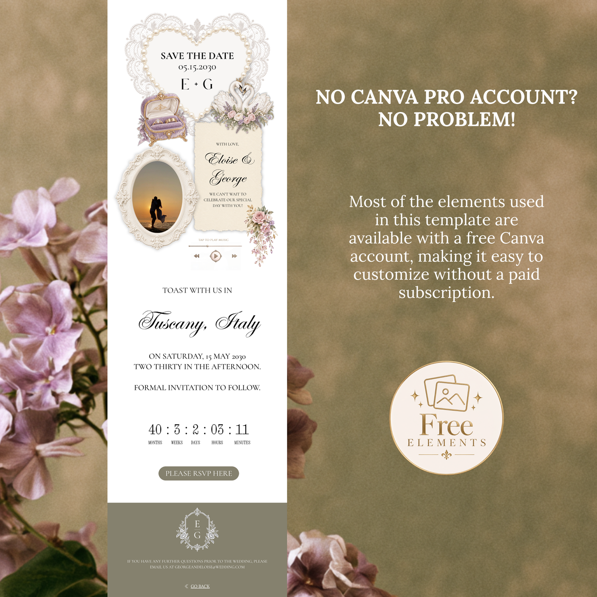 Purple and Olive Green Wedding Save the Date Canva Template with Built-in RSVP Form