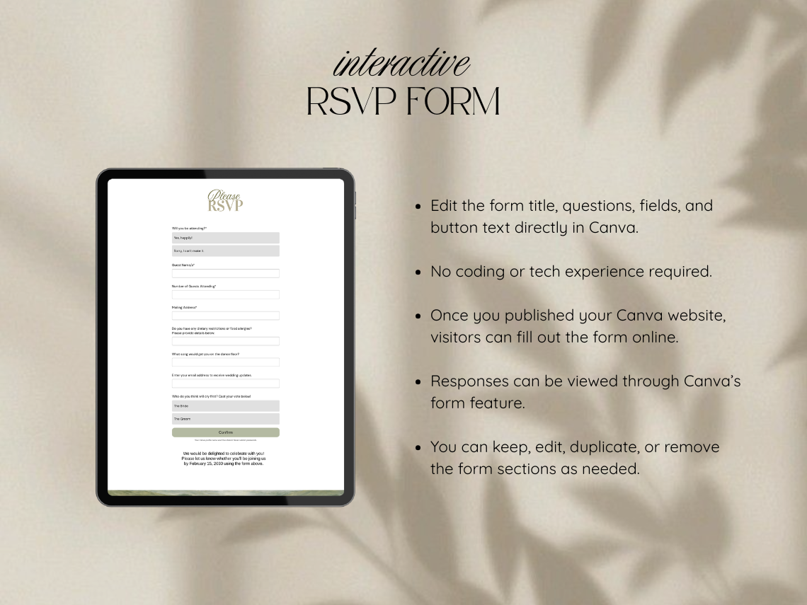 Digital product mockup for an interactive RSVP form, showing a tablet screen with a sample form layout on a beige background with soft leaf shadows and descriptive text on the right.