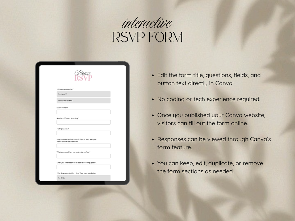 Pink and Gray Wedding Website Canva Template with Built-in RSVP Form