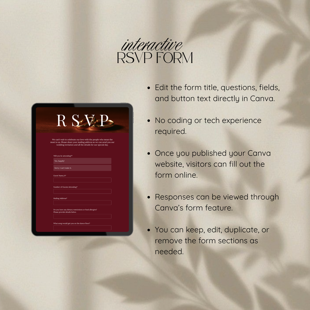 Burgundy Save the Date Wedding Website with Built-in RSVP Form