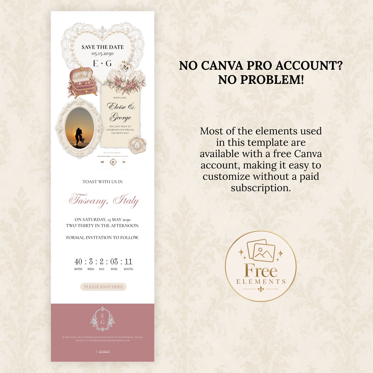 Dusty Rose and Ivory Wedding Save the Date Website Template with Built-in RSVP
