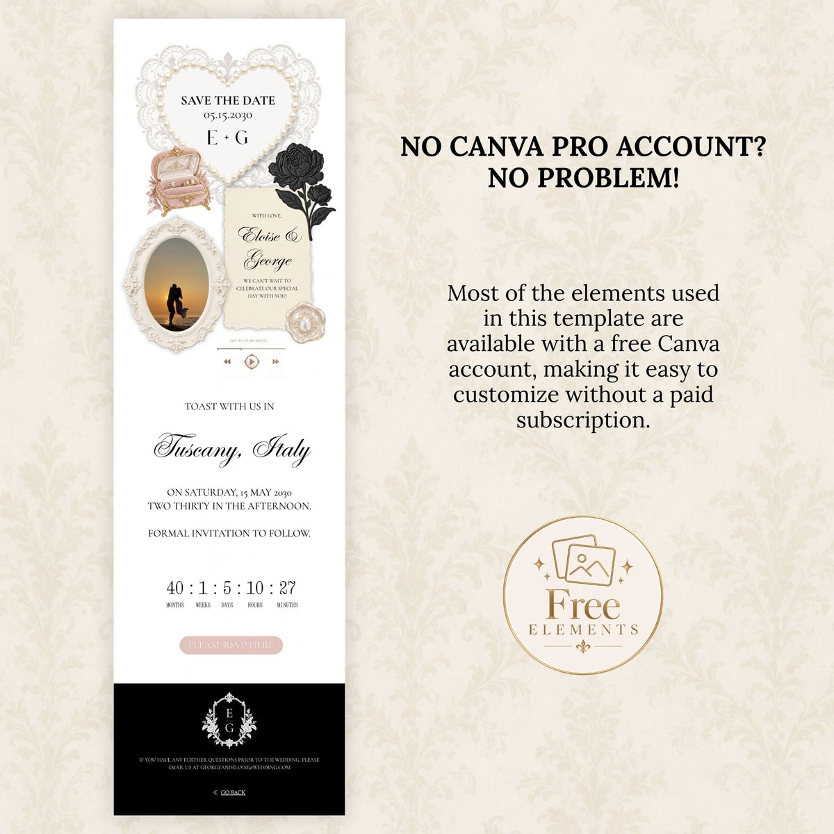 Black and Blush Pink Save the Date Wedding Website with Built-in RSVP Form | Canva Template