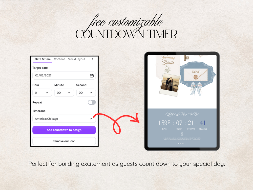 Promotional graphic for a customizable countdown timer design, showing a smartphone mockup with a countdown interface and a tablet mockup displaying a wedding countdown preview, on a light textured beige background with decorative text.