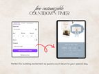 Promotional graphic for a customizable countdown timer design, showing a smartphone mockup with a countdown interface and a tablet mockup displaying a wedding countdown preview, on a light textured beige background with decorative text.
