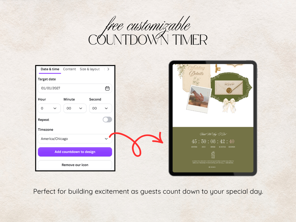 Promotional graphic for a customizable countdown timer template, showing a smartphone preview on the left and a tablet preview on the right with a red arrow between them. The background is a textured light beige paper-like surface with decorative script text at the top and descriptive copy at the bottom.