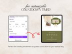 Promotional graphic for a customizable countdown timer template, showing a smartphone preview on the left and a tablet preview on the right with a red arrow between them. The background is a textured light beige paper-like surface with decorative script text at the top and descriptive copy at the bottom.