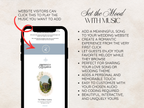 Promotional graphic for a mobile wedding website music player, showing a smartphone mockup with a music player interface and text explaining how website visitors can click to play music. The right side lists benefits such as creating a romantic experience and allowing guests to enjoy favorite melodies.