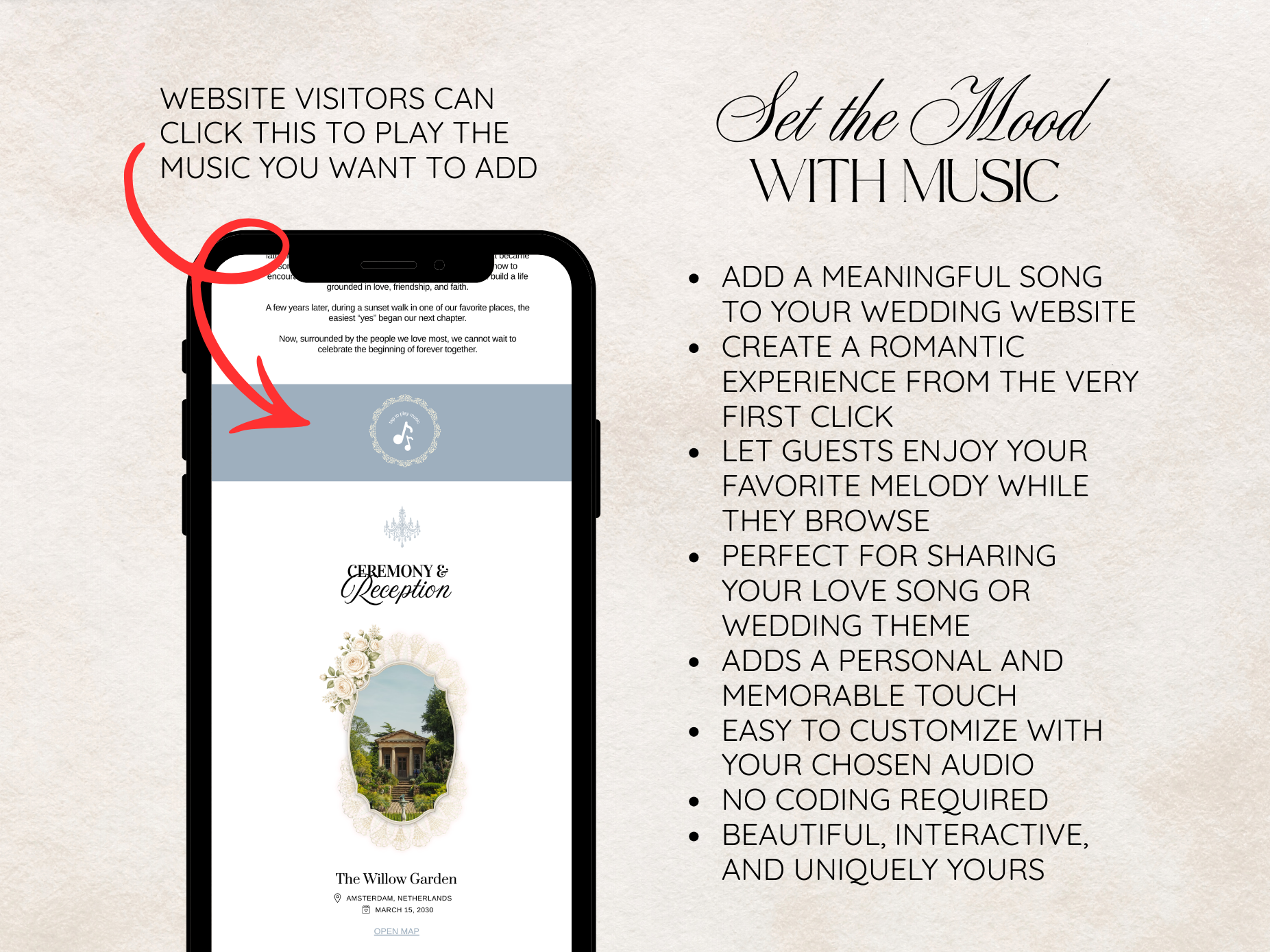 Promotional graphic for a mobile wedding website music player, showing a smartphone mockup with a music player interface and text explaining how website visitors can click to play music. The right side lists benefits such as creating a romantic experience and allowing guests to enjoy favorite melodies.