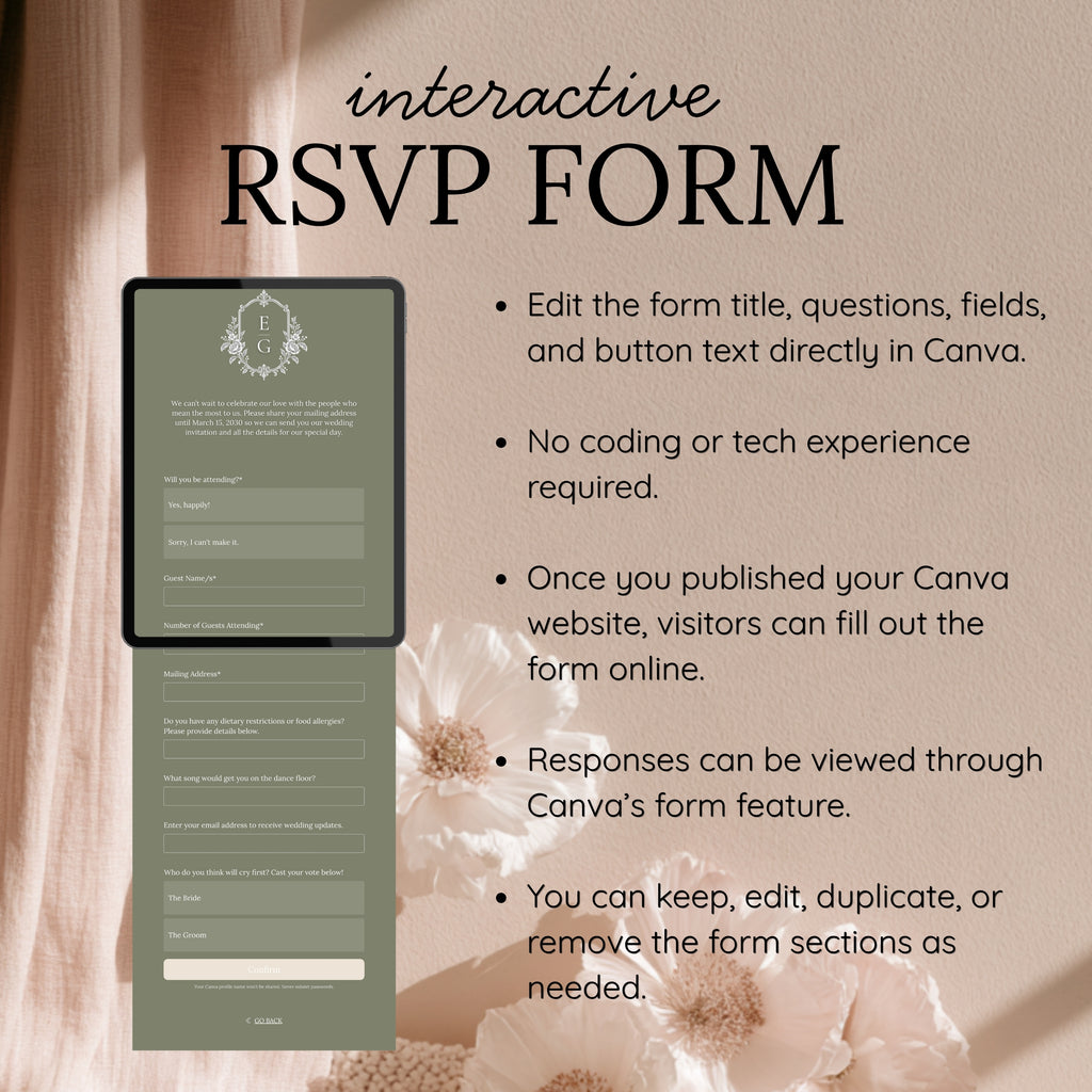 Sage Green and Ivory Wedding Save the Date Website Template with Built-in RSVP Form