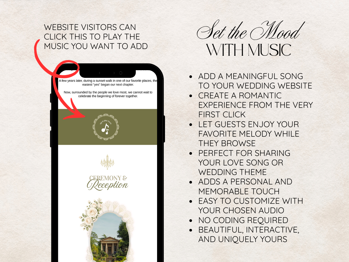 Promotional graphic for a wedding website music add-on service, showing a smartphone mockup with a green and white reception theme screen, red callout lines pointing to text that says website visitors can click to play music, and a list of benefits on a textured beige background.