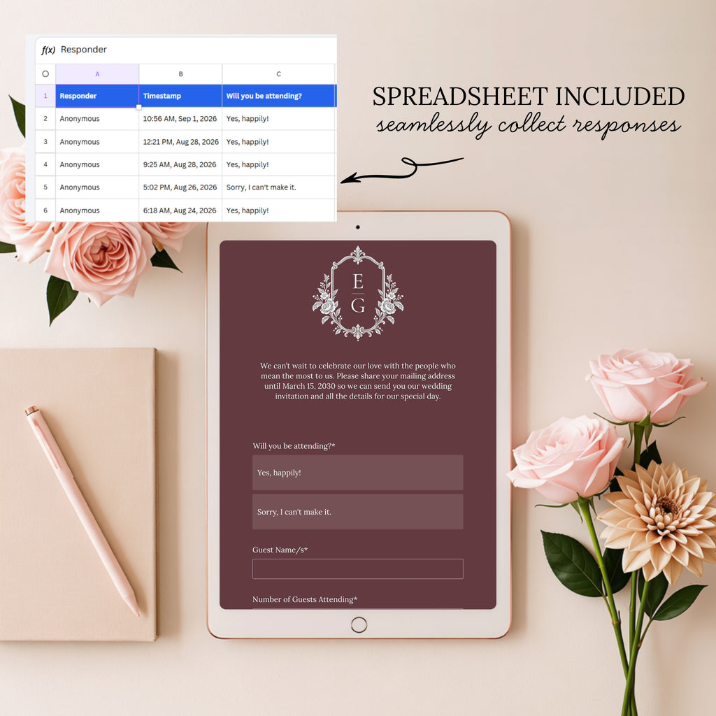 Burgundy and Dusty Blue Save the Date Wedding Website Template with Built-in RSVP