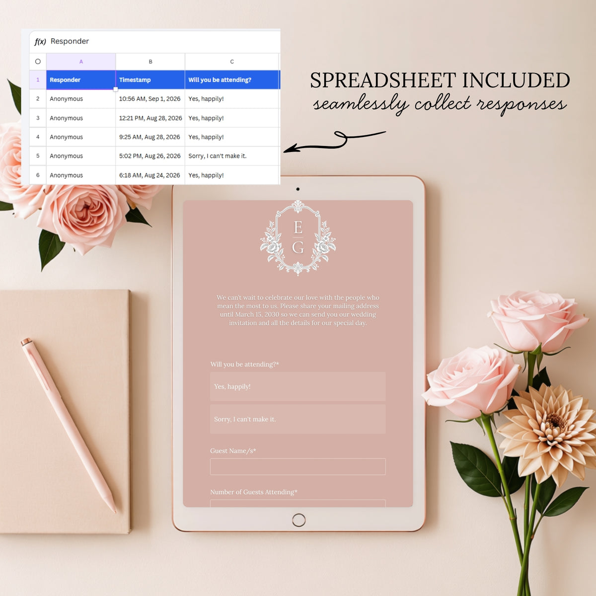Dusty Rose and Sage Green Save the Date Wedding Website with Built-in RSVP Form