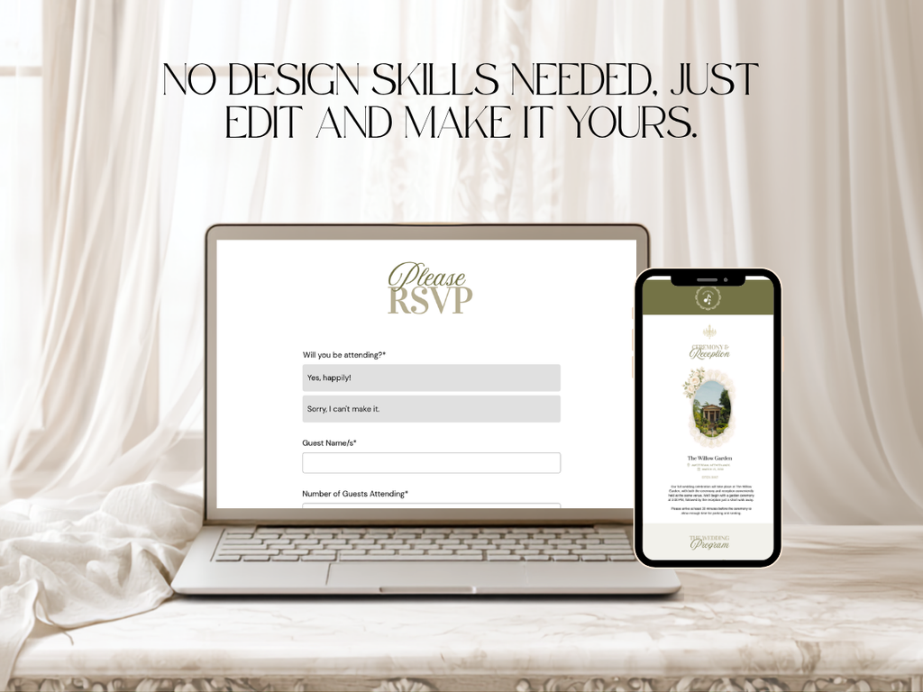 A laptop and smartphone displaying an RSVP website form mockup, styled on a draped white fabric surface with the text 'NO DESIGN SKILLS NEEDED, JUST EDIT AND MAKE IT YOURS.' above.